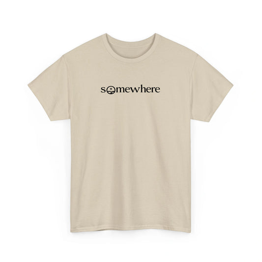 Somewhere wordmark tee in Sand, front view