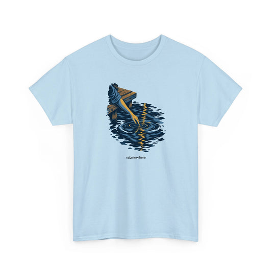 Holding Light tee in Light Blue, front view