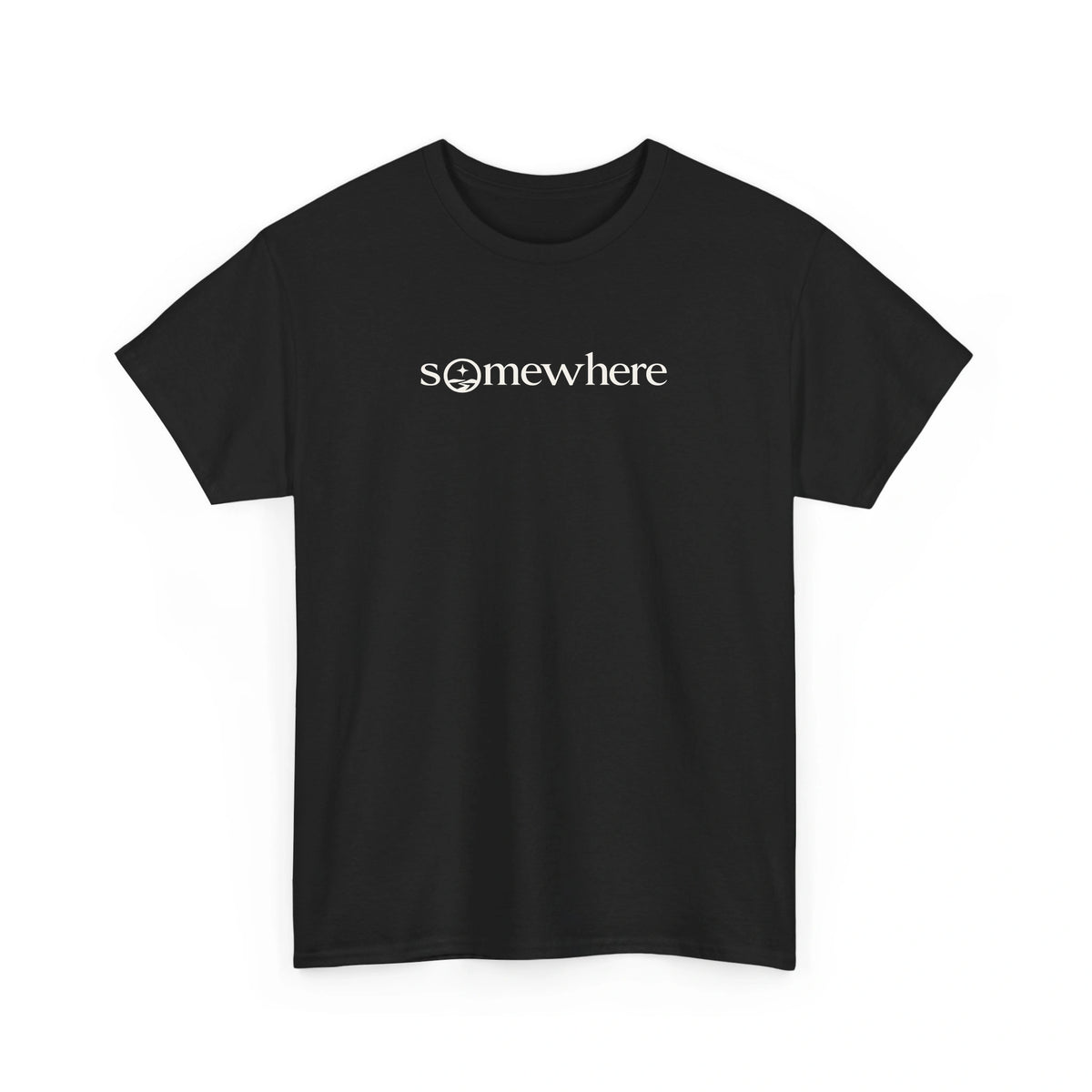 Somewhere wordmark tee in Black, front view