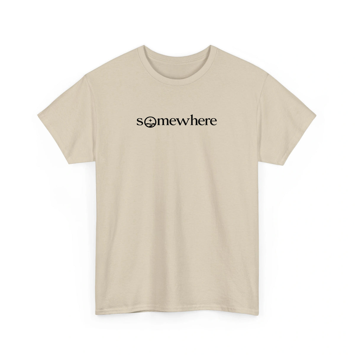 Somewhere wordmark tee in Sand, front view