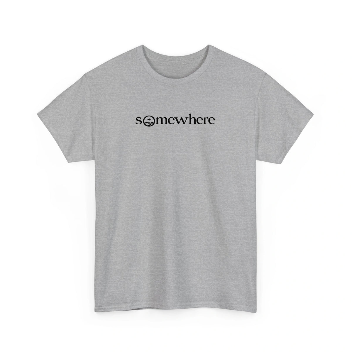 Somewhere wordmark tee in Sport Grey, front view