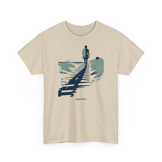 The Walk Back tee in Sand, front view