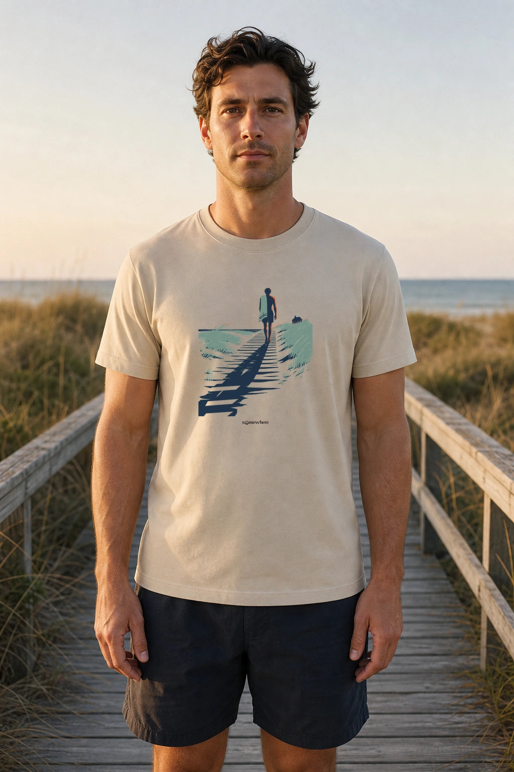 Model wearing The Walk Back tee in Sand, front view