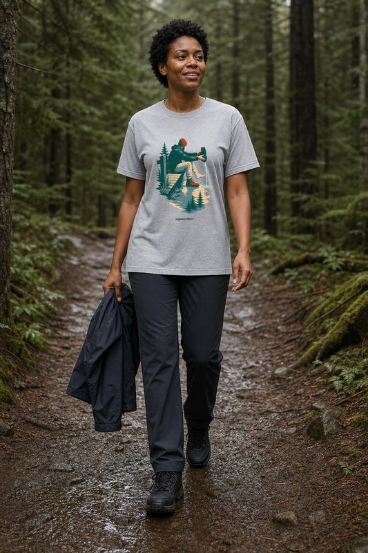 Model wearing After Rain tee in Sport Grey, front view