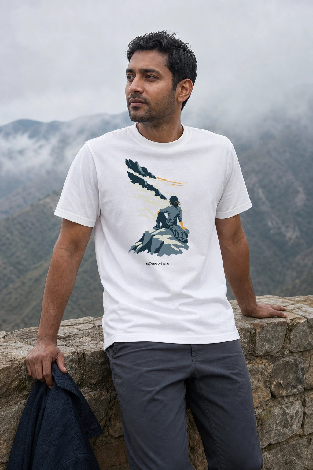 Model wearing Low Fog tee in White, front view