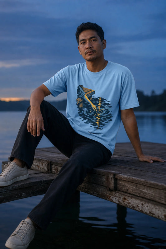 Model wearing Holding Light tee in Light Blue, front view