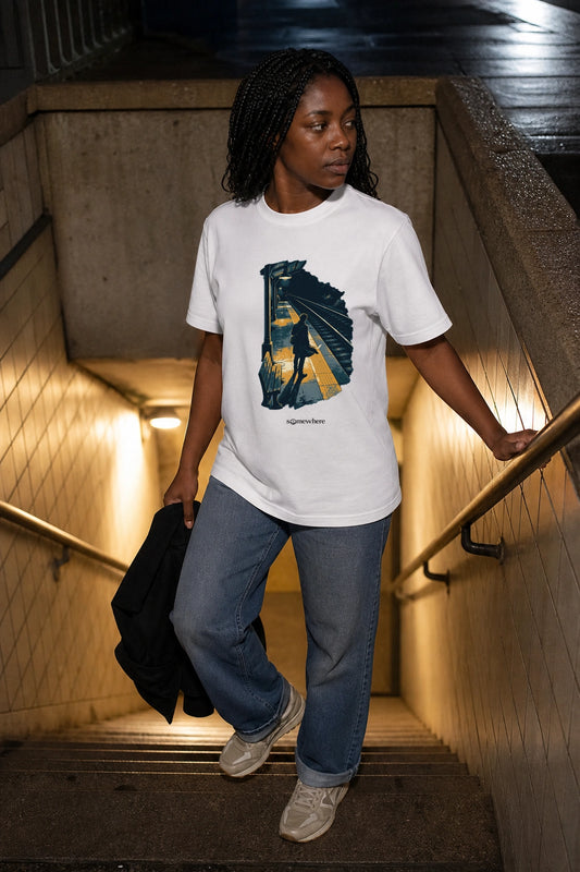 Model wearing Last Train tee in White, front view