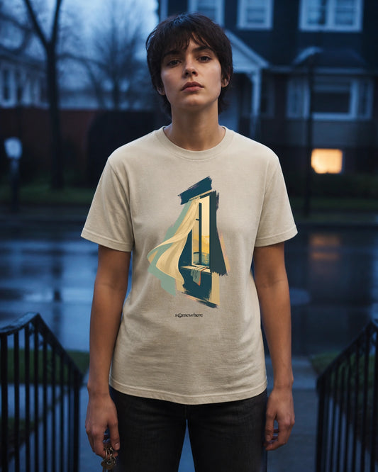 Model wearing Before Dawn tee in Sand, front view