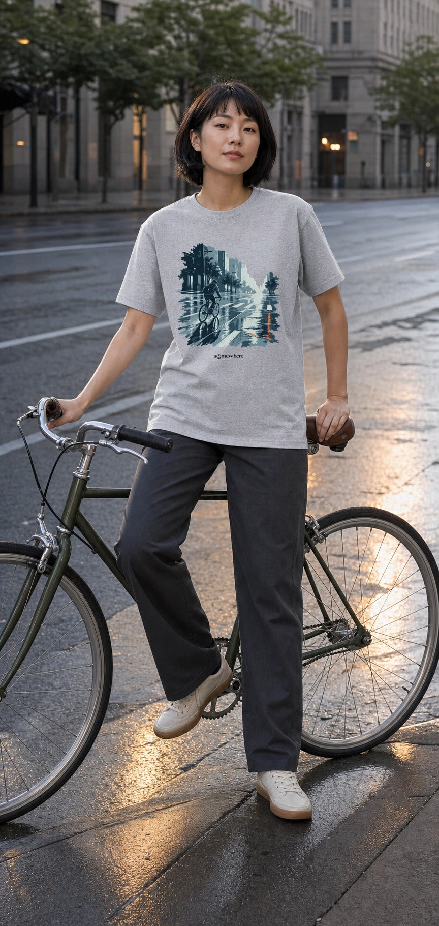 Model wearing Avenue 6:12 tee in Sport Grey, front view