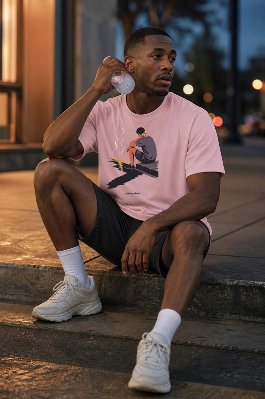 Model wearing Pavement Heat tee in Light Pink, front view